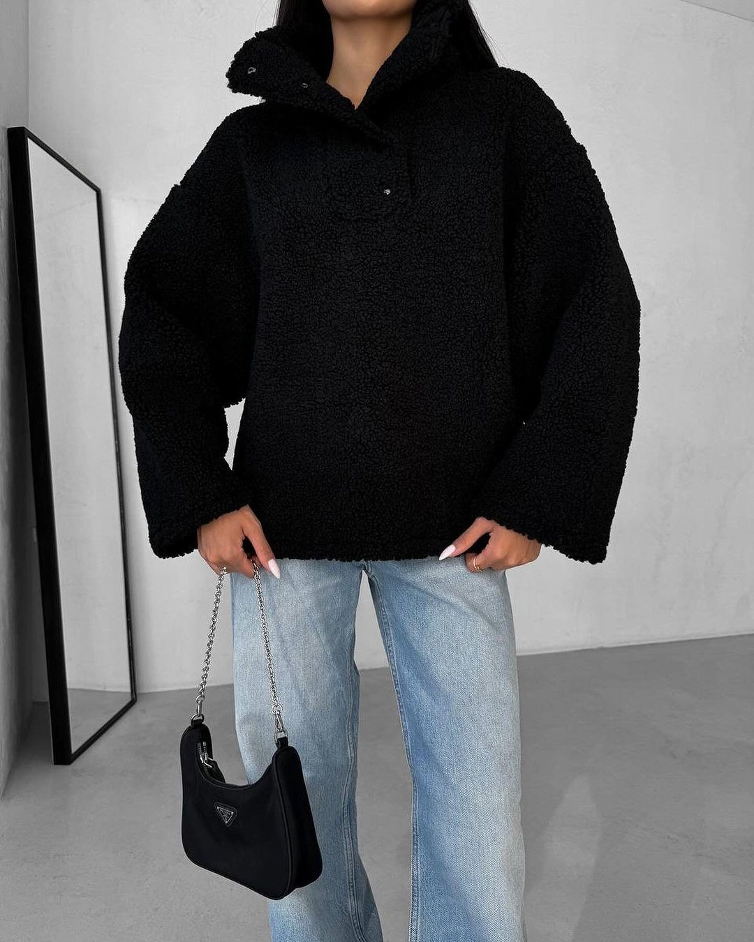 Faux Shearling Solid Color Pullover Hoodie with Scarf Neck
