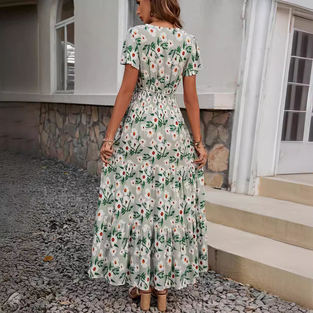 V-Neck Floral Print Tiered Maxi Dress with Smocked Waist