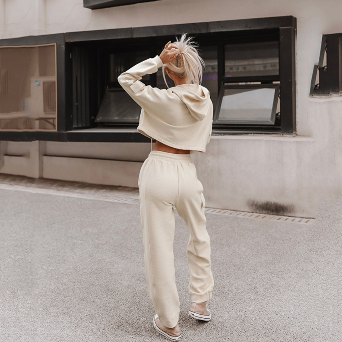 Women's Long Sleeve Hooded Pocket Casual Two-Piece Sweatsuit Set