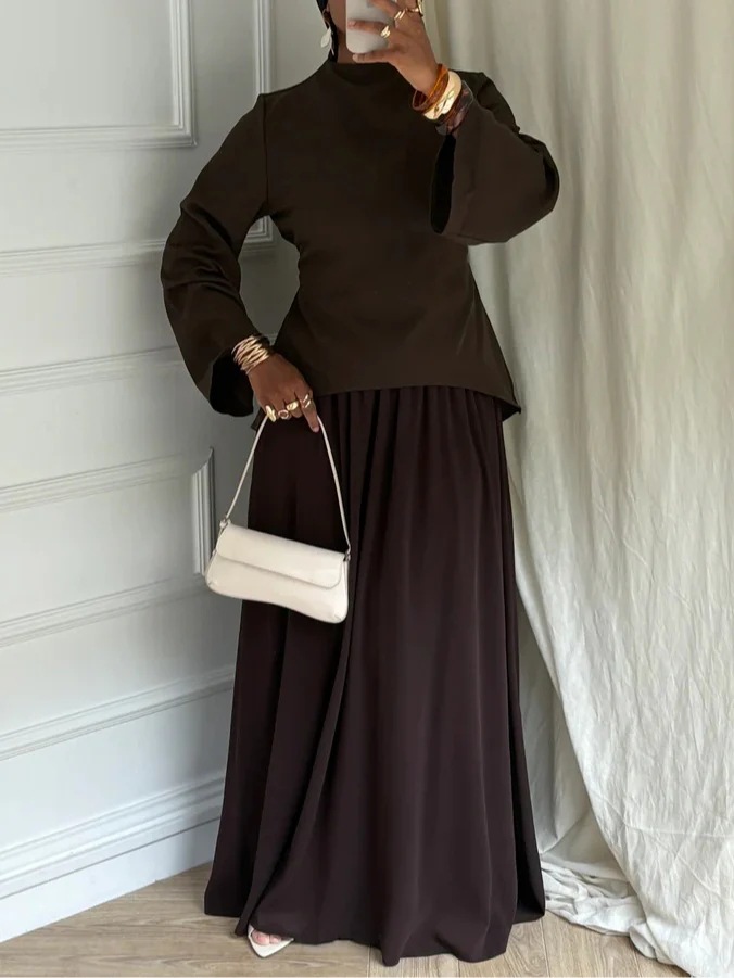 Solid Long-Sleeve Top and Lined Midi Skirt Two-Piece Set