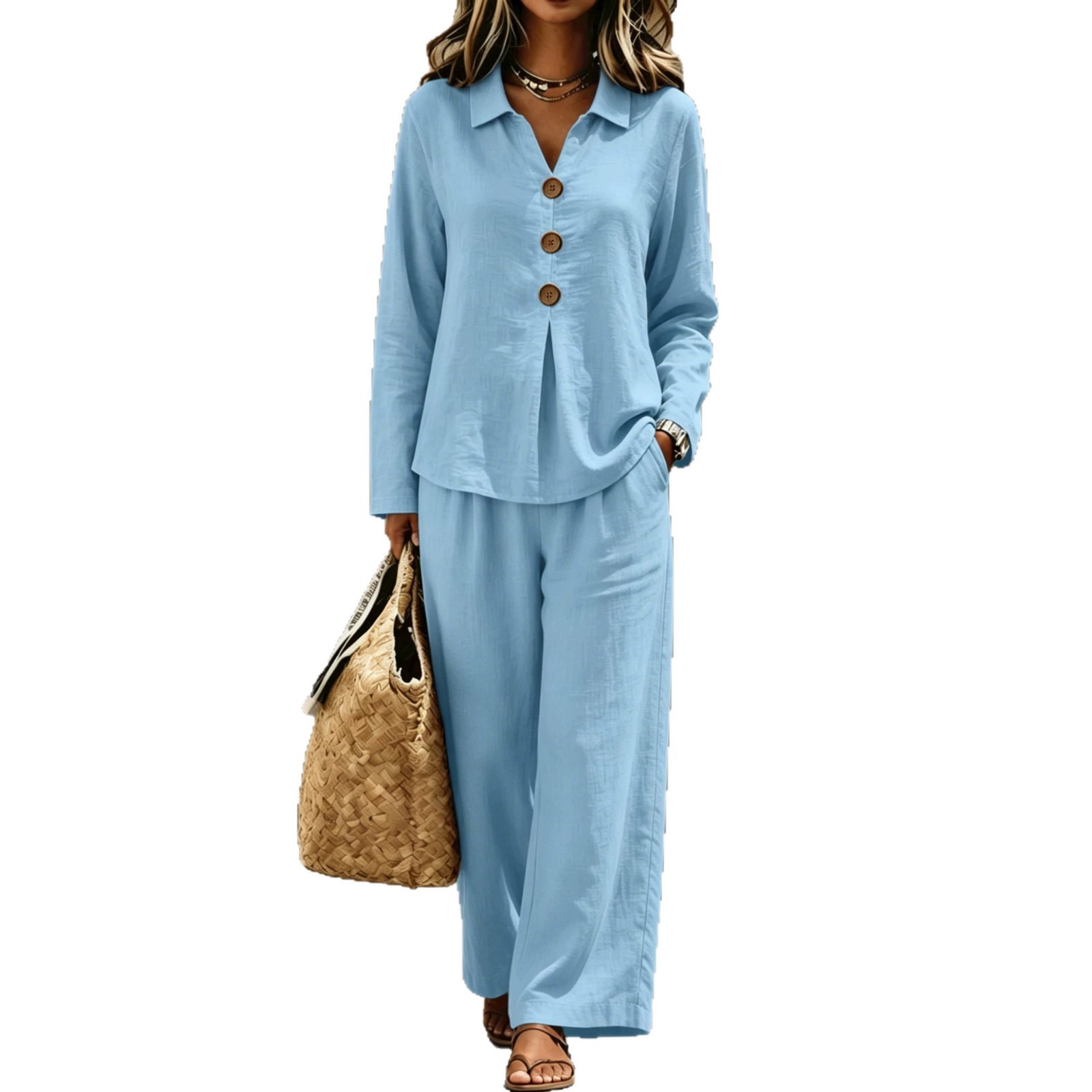 Women's Casual Button Polo Neck Long Sleeve Two-Piece Pants Set