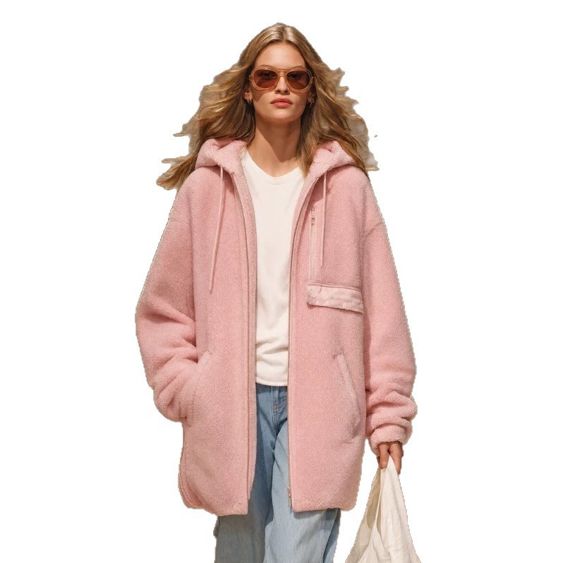 Women's Cherry Blossom Pink Hooded Fleece Mid-Length Coat