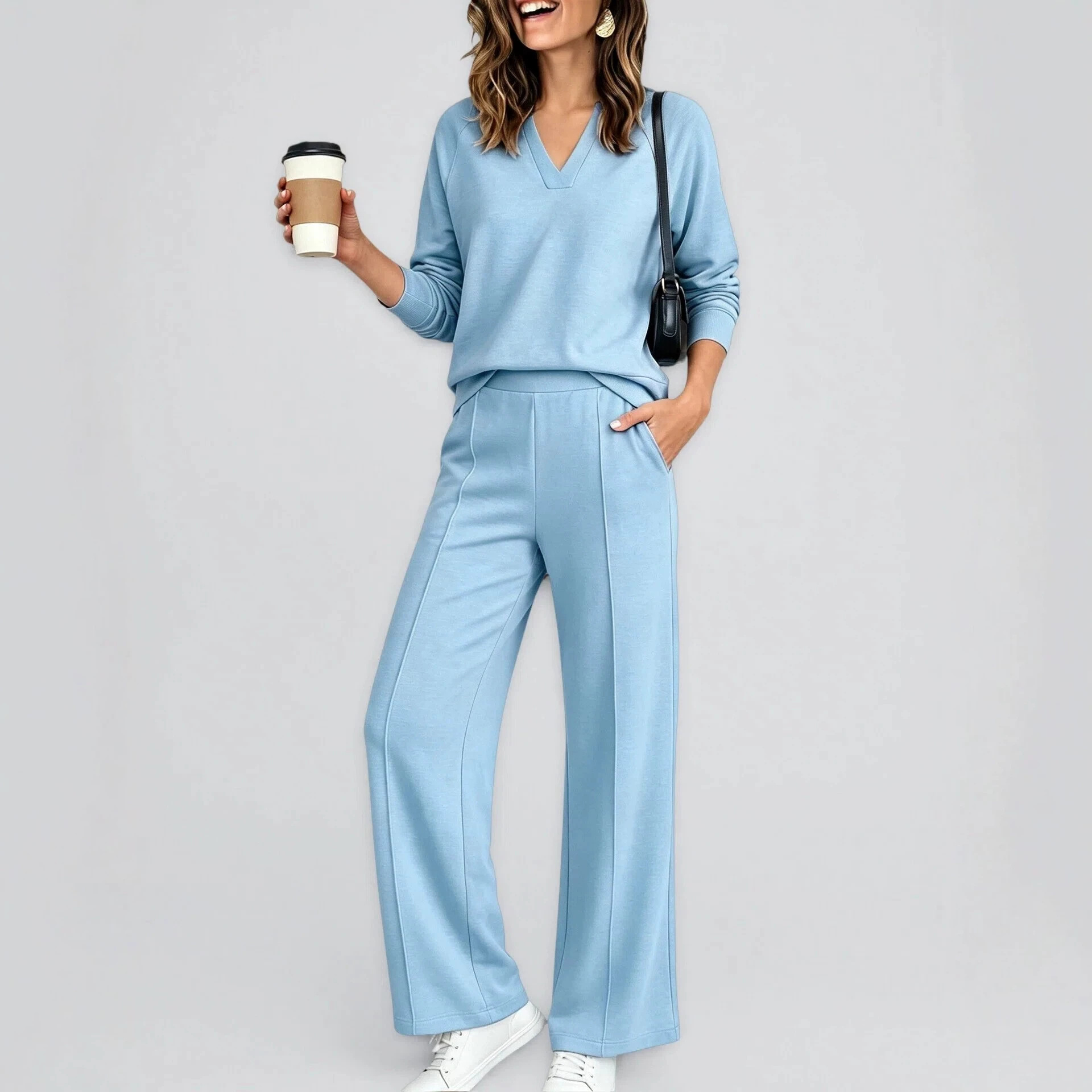Women's Solid V-Neck Long-Sleeve Sweatshirt and Pants Set