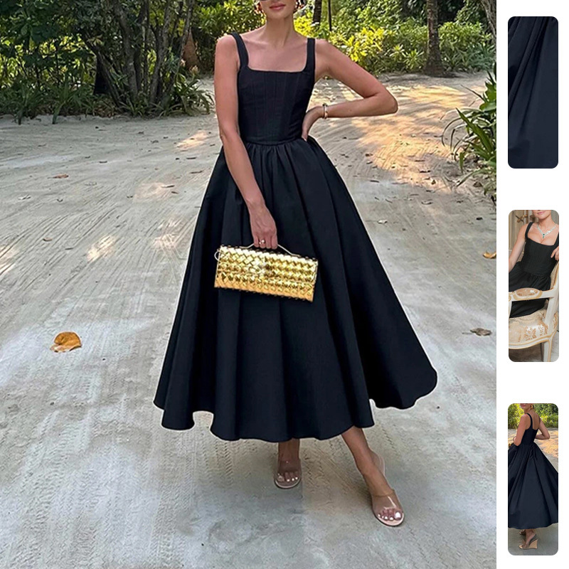 Women's Elegant Pleated Waist Midi Dress