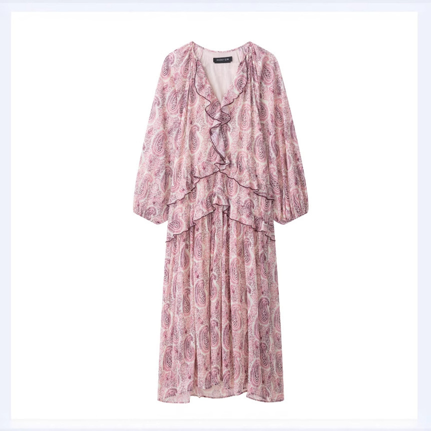 Layered Print Loose A-Line Long Dress with V-Neck and Ruffles