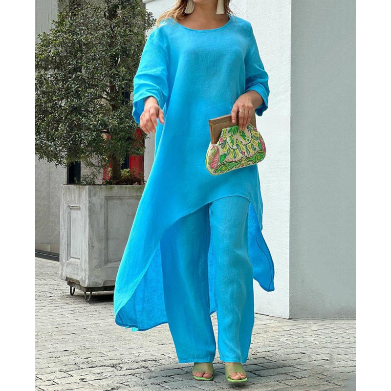 Women's Cotton-Linen Irregular Long-Sleeve Wide-Leg Two-Piece Set