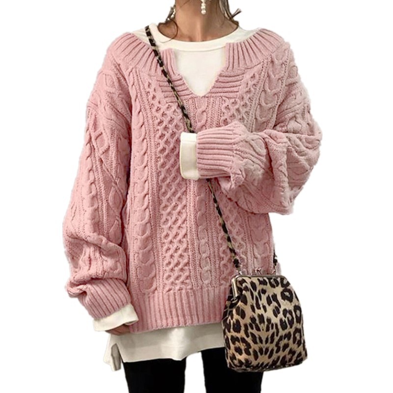 Women's Cable Knit V-Neck Sweater Loose Fit Long Sleeve Pullover