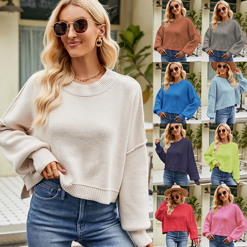 Women's Loose Cropped Crewneck Pullover Sweater Long Sleeve Knit Top