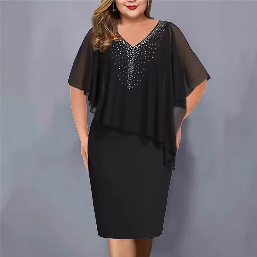 V-Neck Rhinestone Mesh Cape A-Line Midi Dress