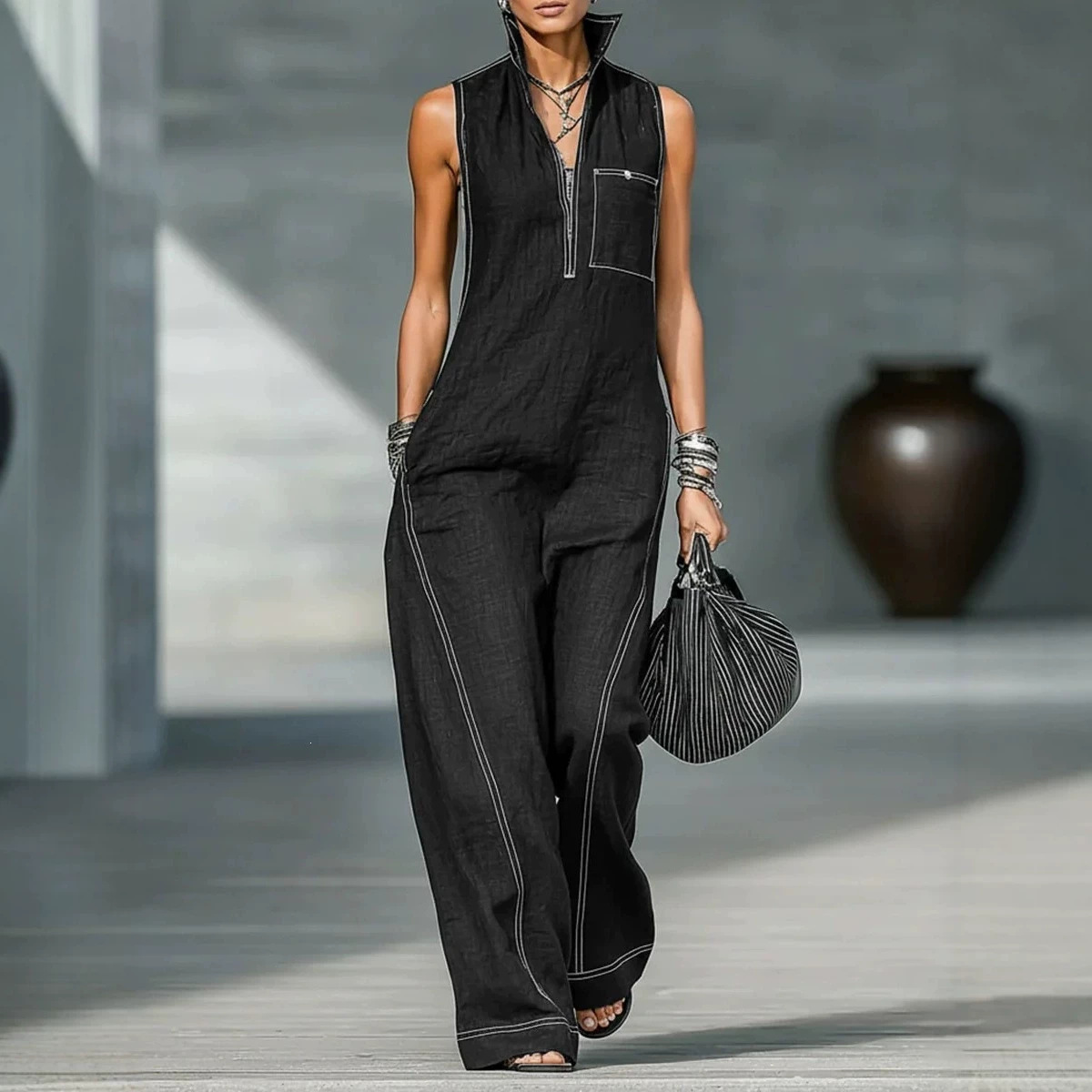 Women's Sleeveless Zip Jumpsuit Solid Color Wide Leg