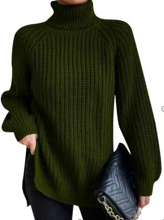 Women's High Neck Midi Knit Sweater with Raglan Sleeves and Side Slit