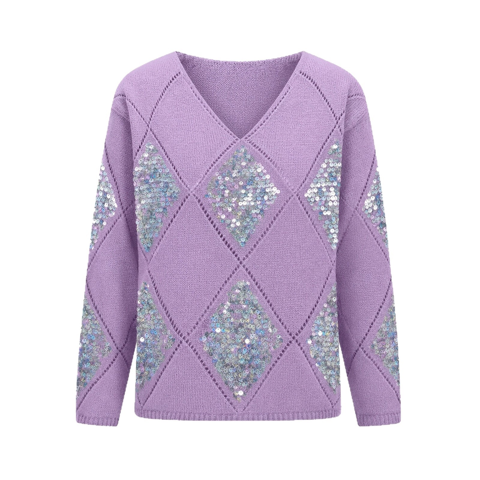 Openwork Sequin Knit Sweater Women's Solid Diamond V-Neck Loose Pullover