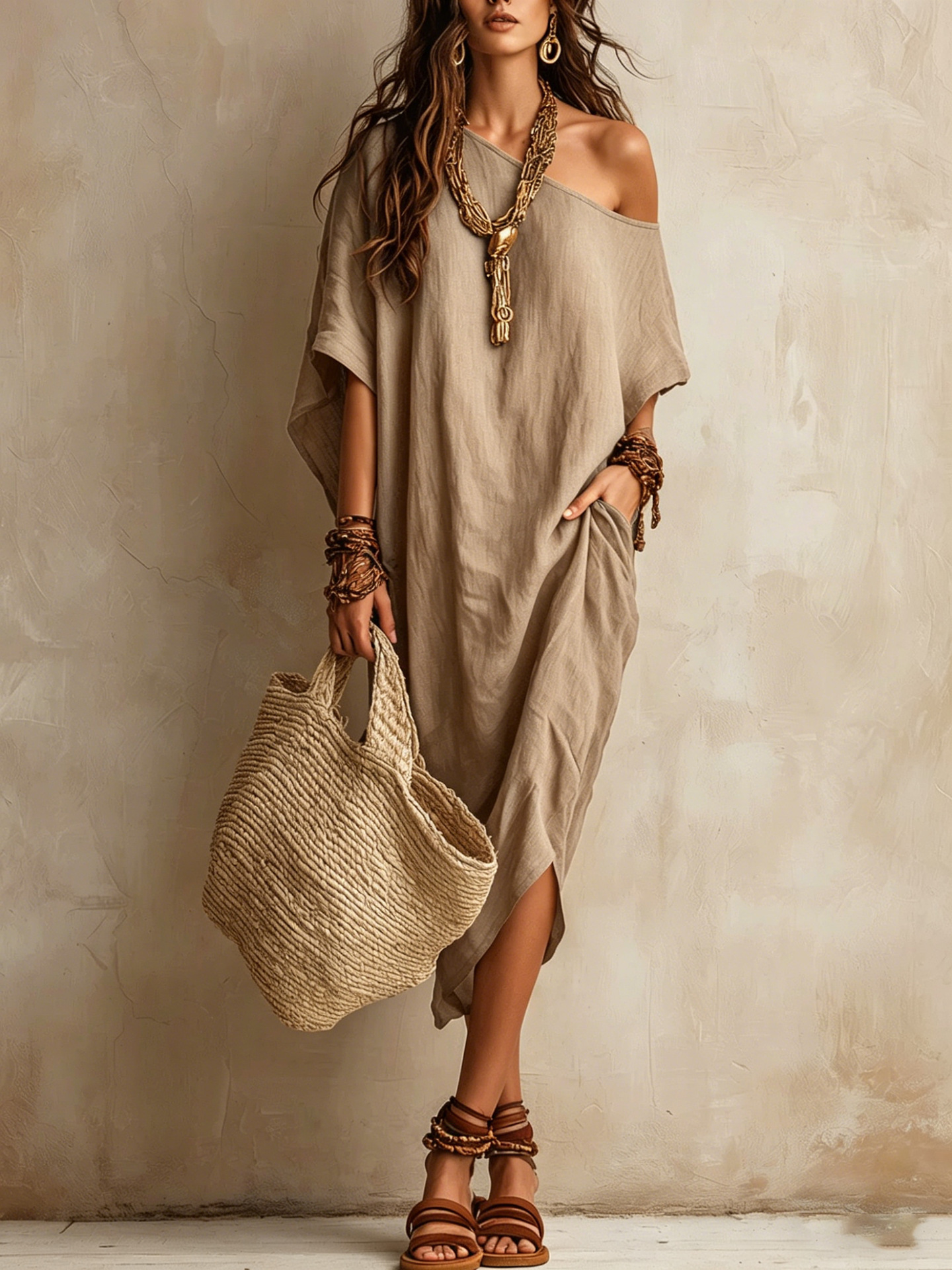 Women's One-Shoulder Cotton-Linen Blend Midi Dress with Batwing Sleeves and Slit