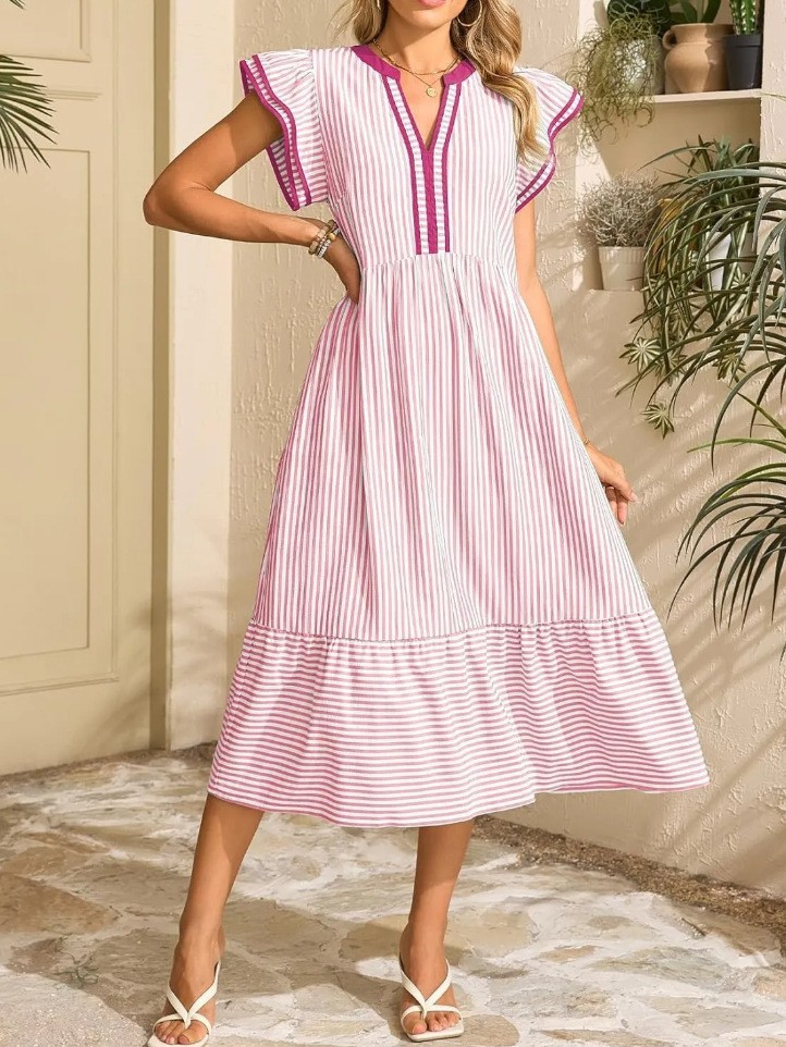 Striped Double Ruffle Short Sleeve Colorblock V-Neck Dress
