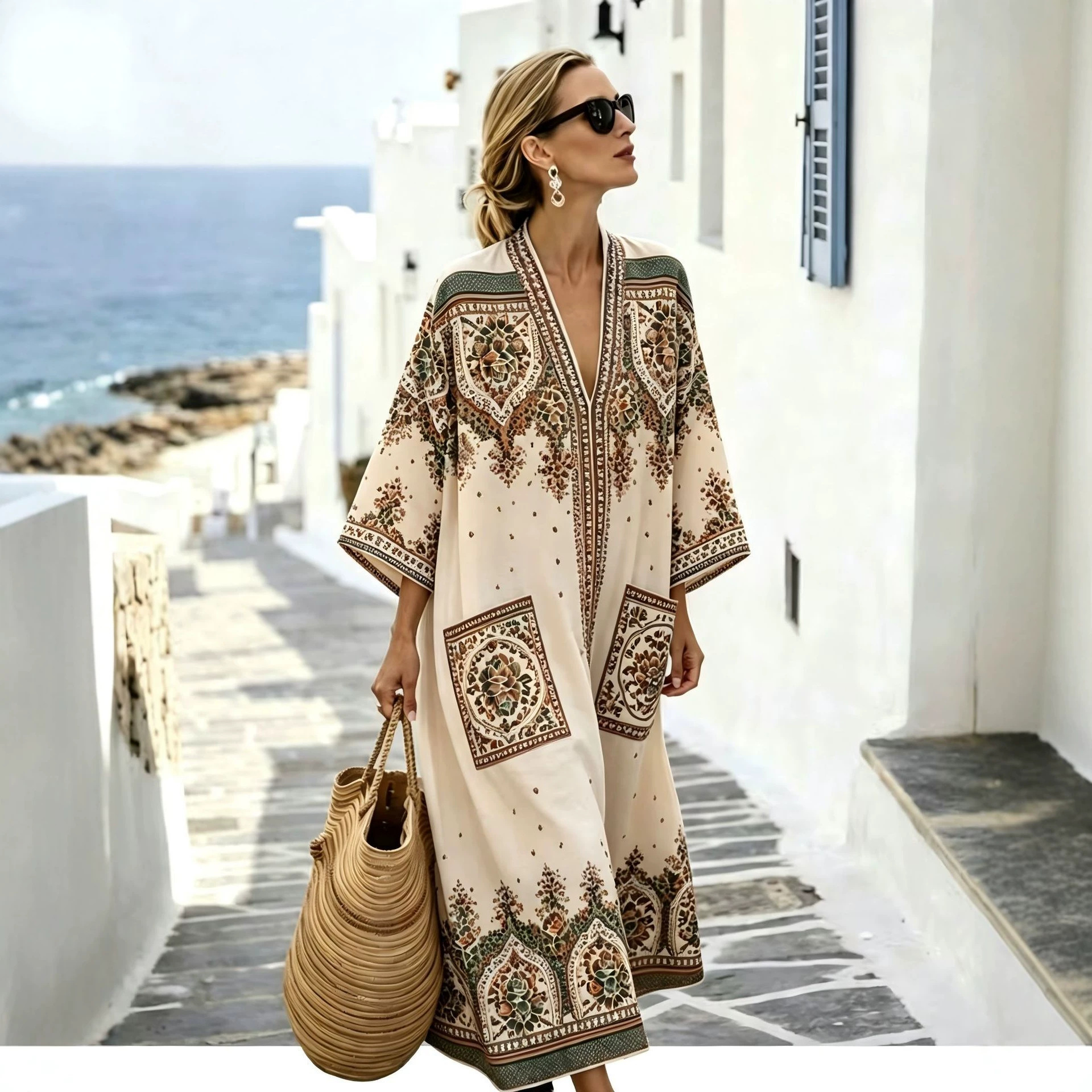 Women's Floral Boho Print Casual Midi Dress