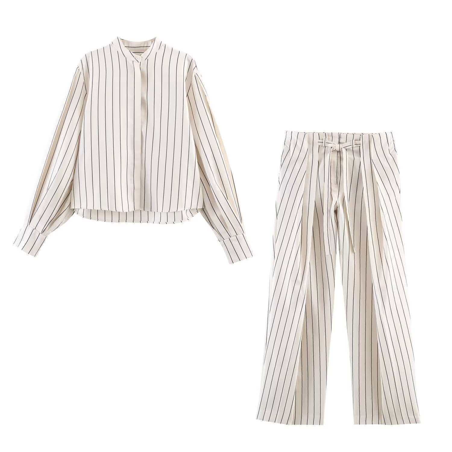 Women's Striped Shirt and Wide-Leg Pants Set Casual Loose Fit