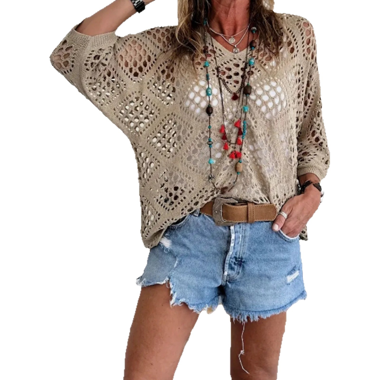 V-Neck Diamond Openwork Batwing Sleeve Knit Sweater Top