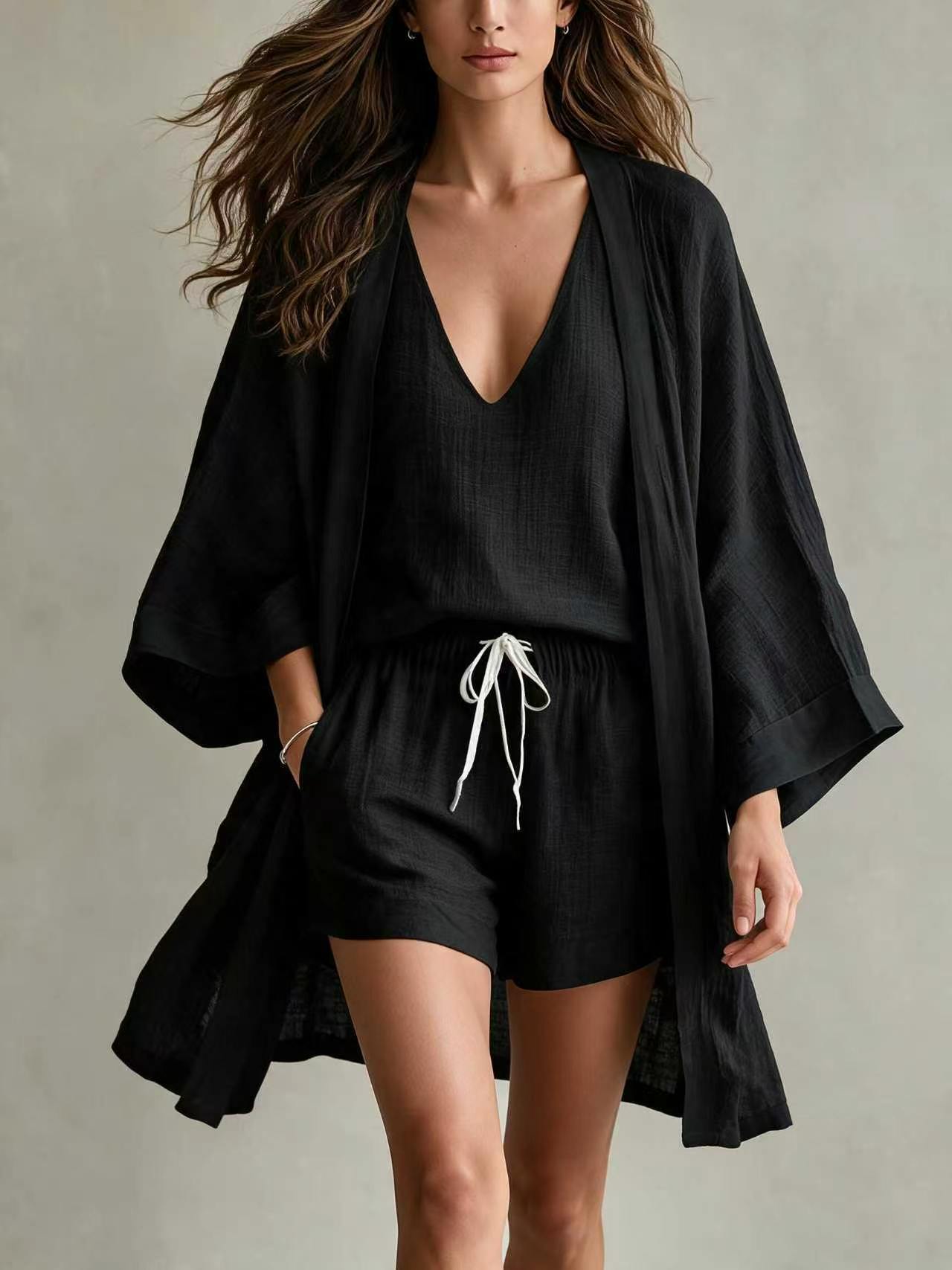 Women's Loose Mid-Length Open-Front Sleeveless Vest and Shorts 3-Piece Set