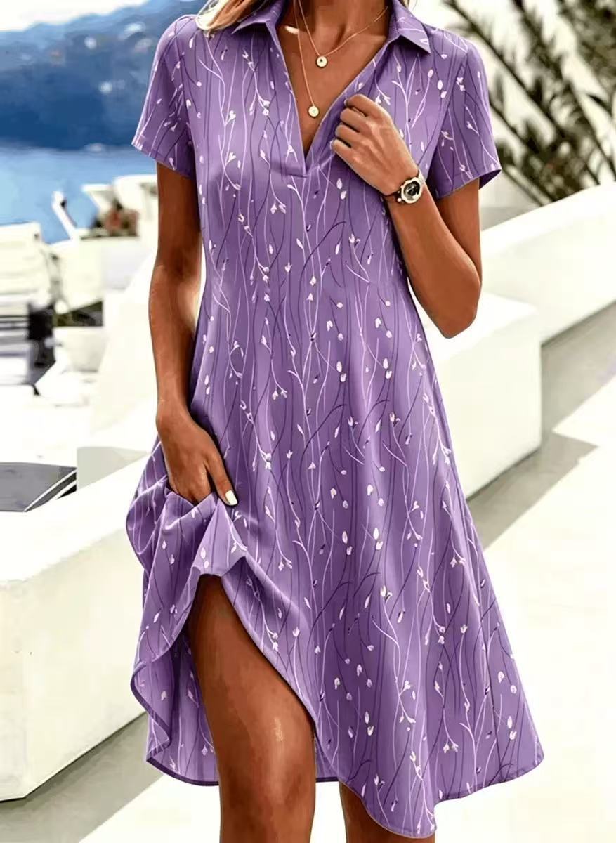 Women's Elegant Printed Ruched Dress V-Neck Short Sleeve Midi