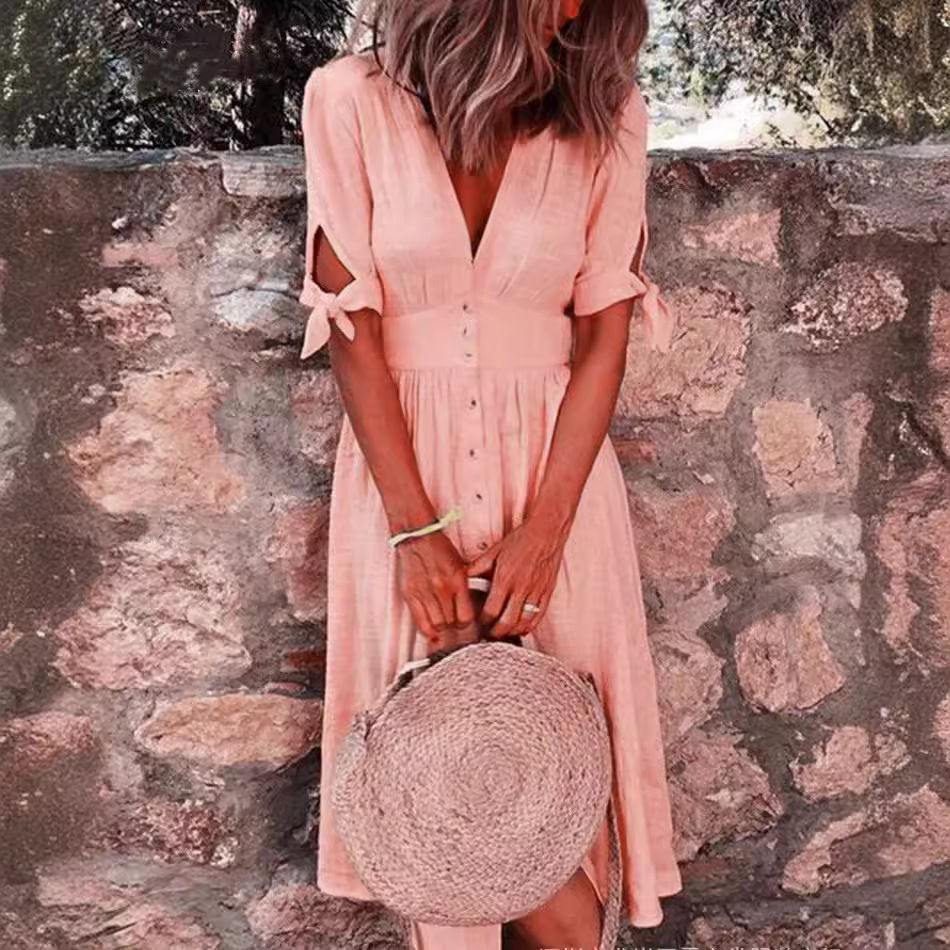 Short Sleeve V-Neck Tie-Waist A-Line Maxi Dress with Button Detail