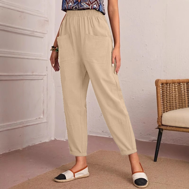 Women's Cotton-Linen Cropped Pants with Elastic Waist and Slant Pockets