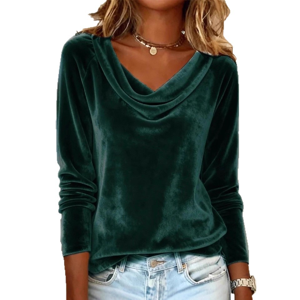 Women's Solid Cowl Neck Long Sleeve Velvet T-Shirt