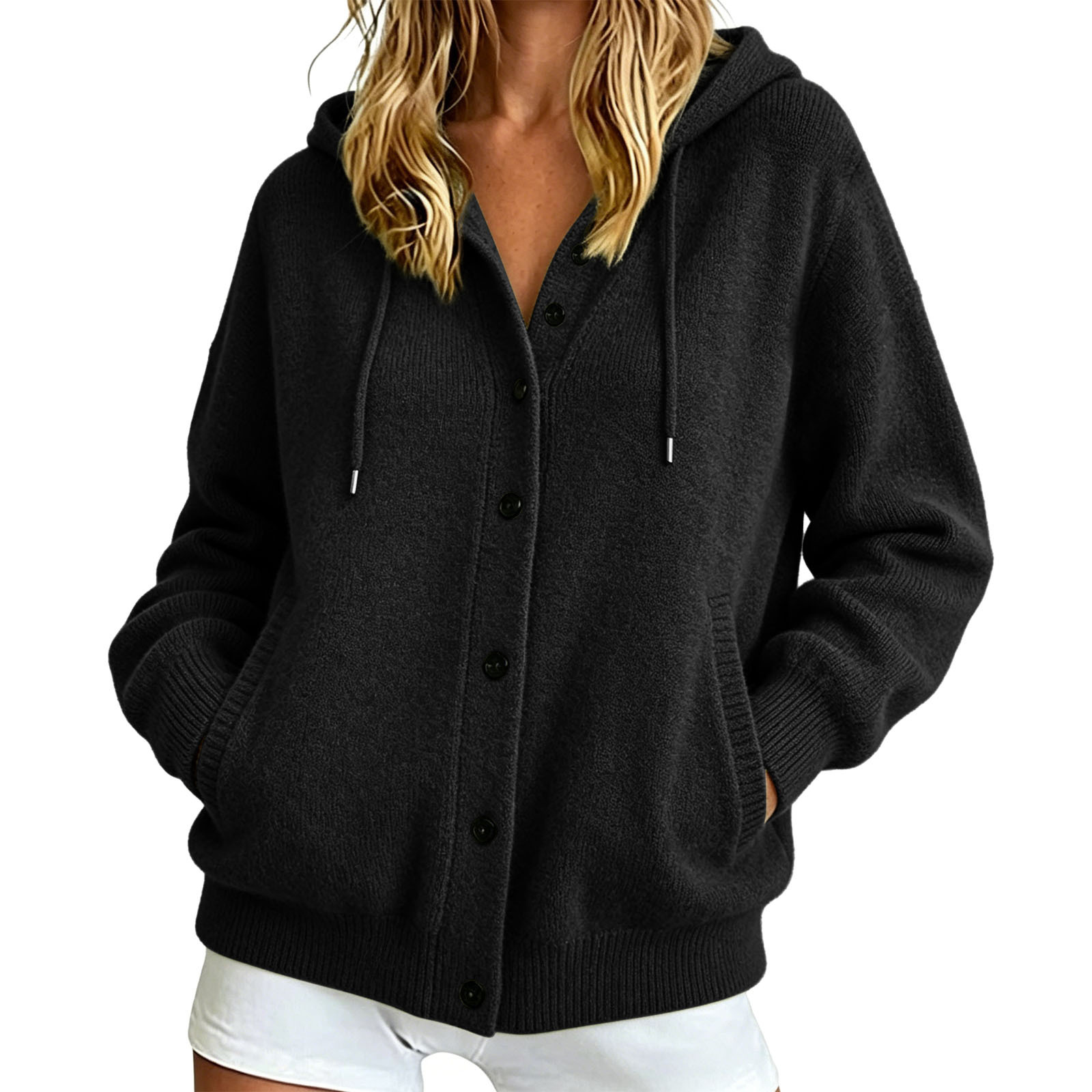 Button-Up Hooded Knit Cardigan Sweater, Solid Color Casual