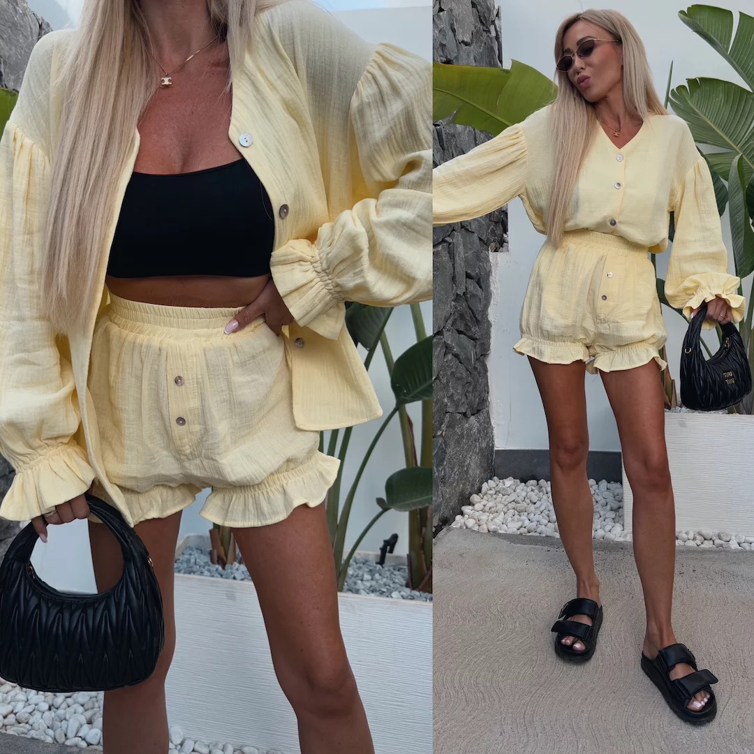 Women's Solid Color Flared Sleeve Cardigan and Shorts Two-Piece Set