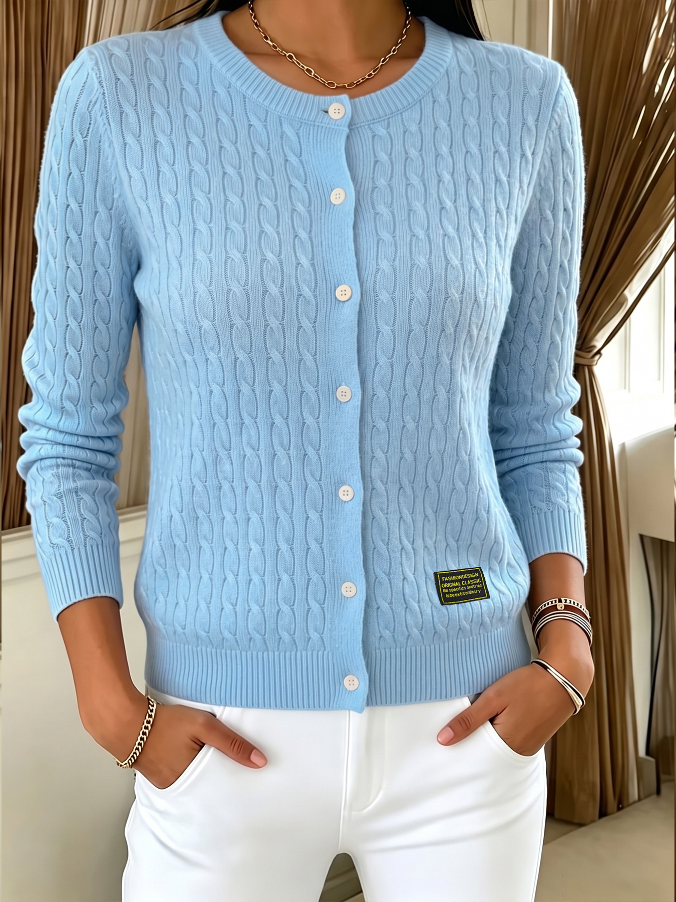 Women's Button-Up Knit Cardigan with Contrast Collar