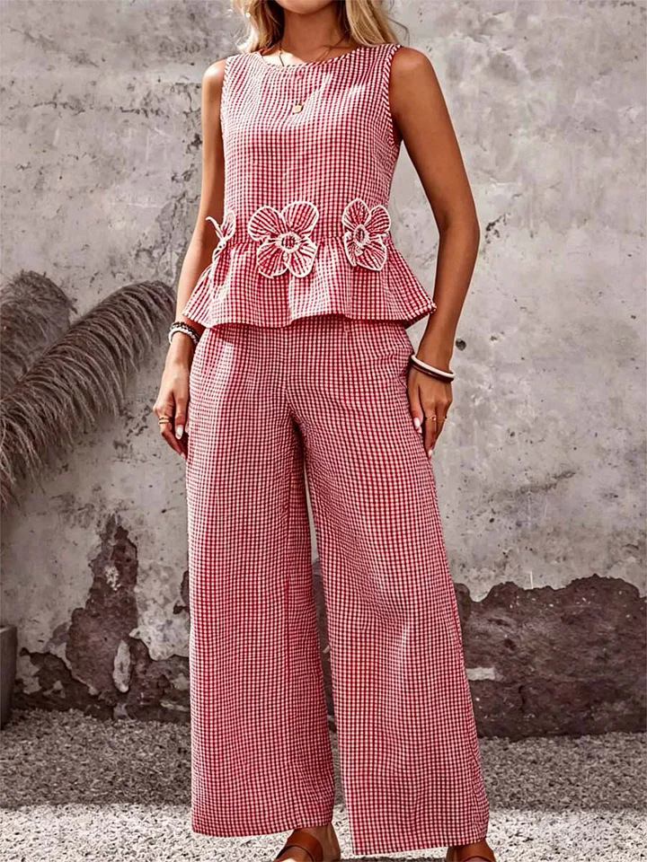 Women's Striped Floral Cotton-Linen Top and Pants Set
