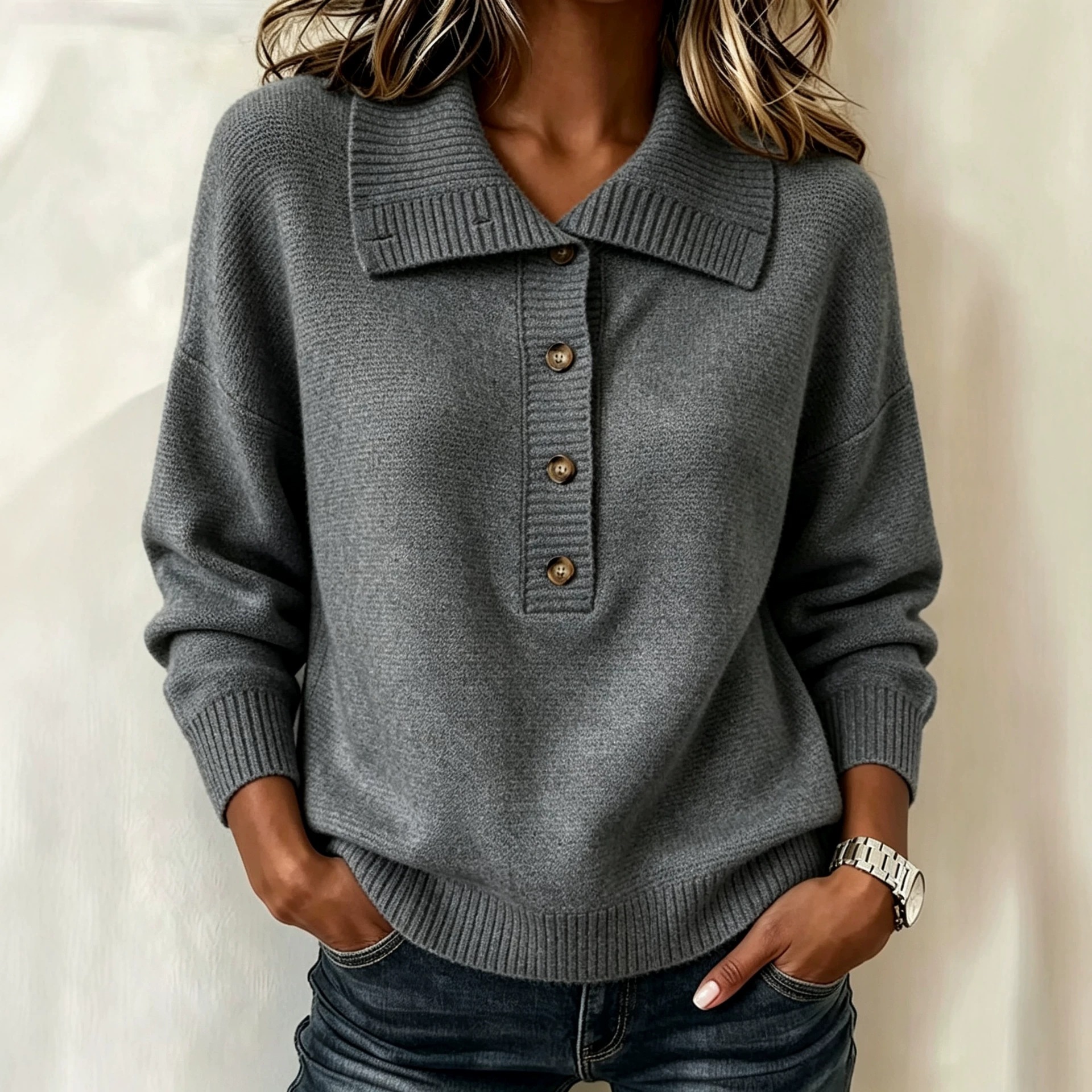 Retro Button Knit Sweater Solid Color Loose Casual Women's Top