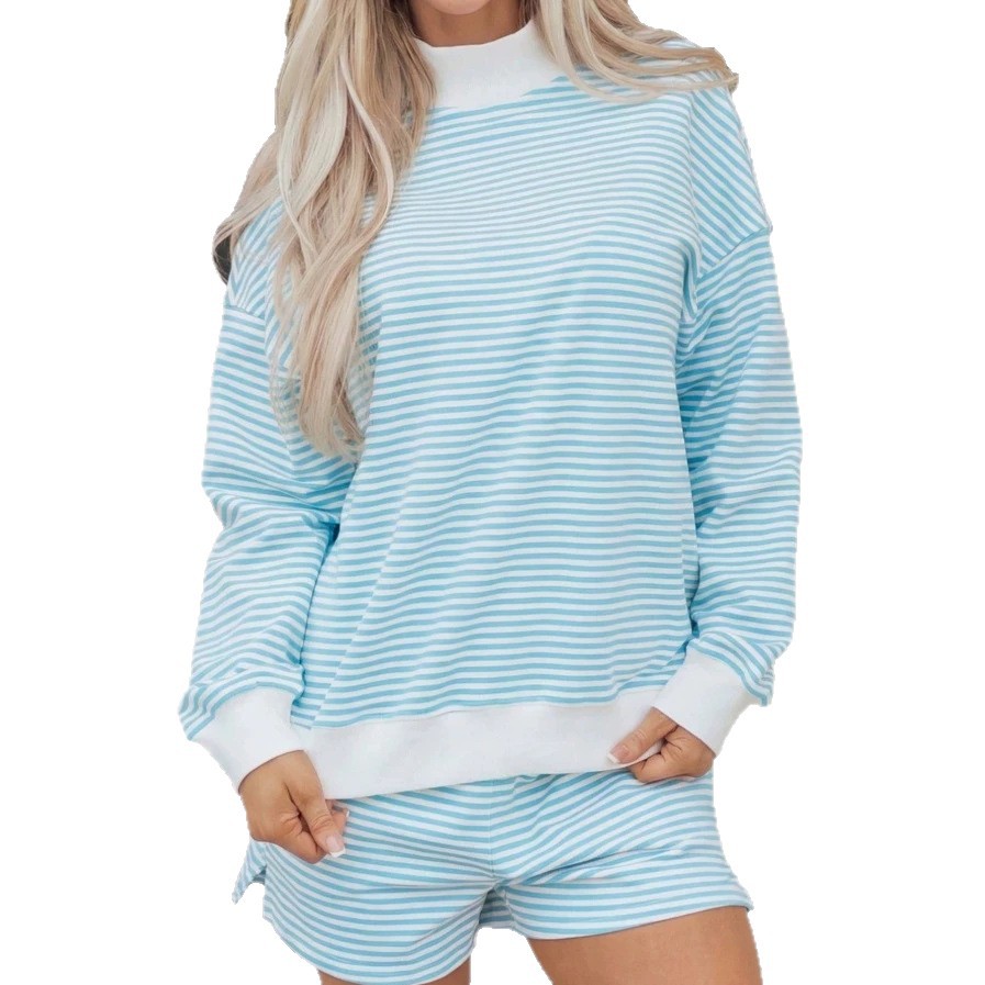 Striped Oversized Collar Cotton Sweatshirt Set