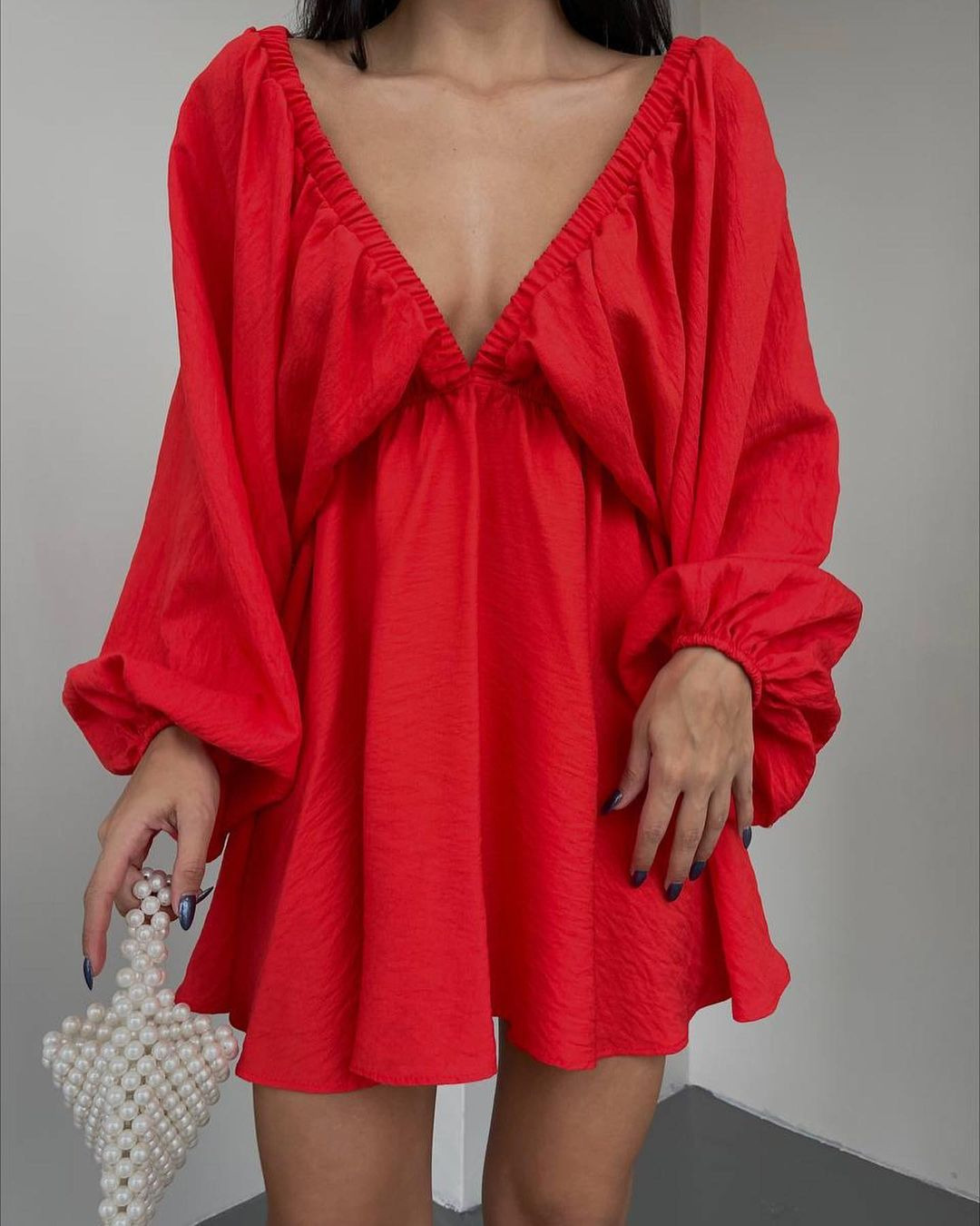 V-Neck Long Sleeve Bubble Sleeve Flared Dress