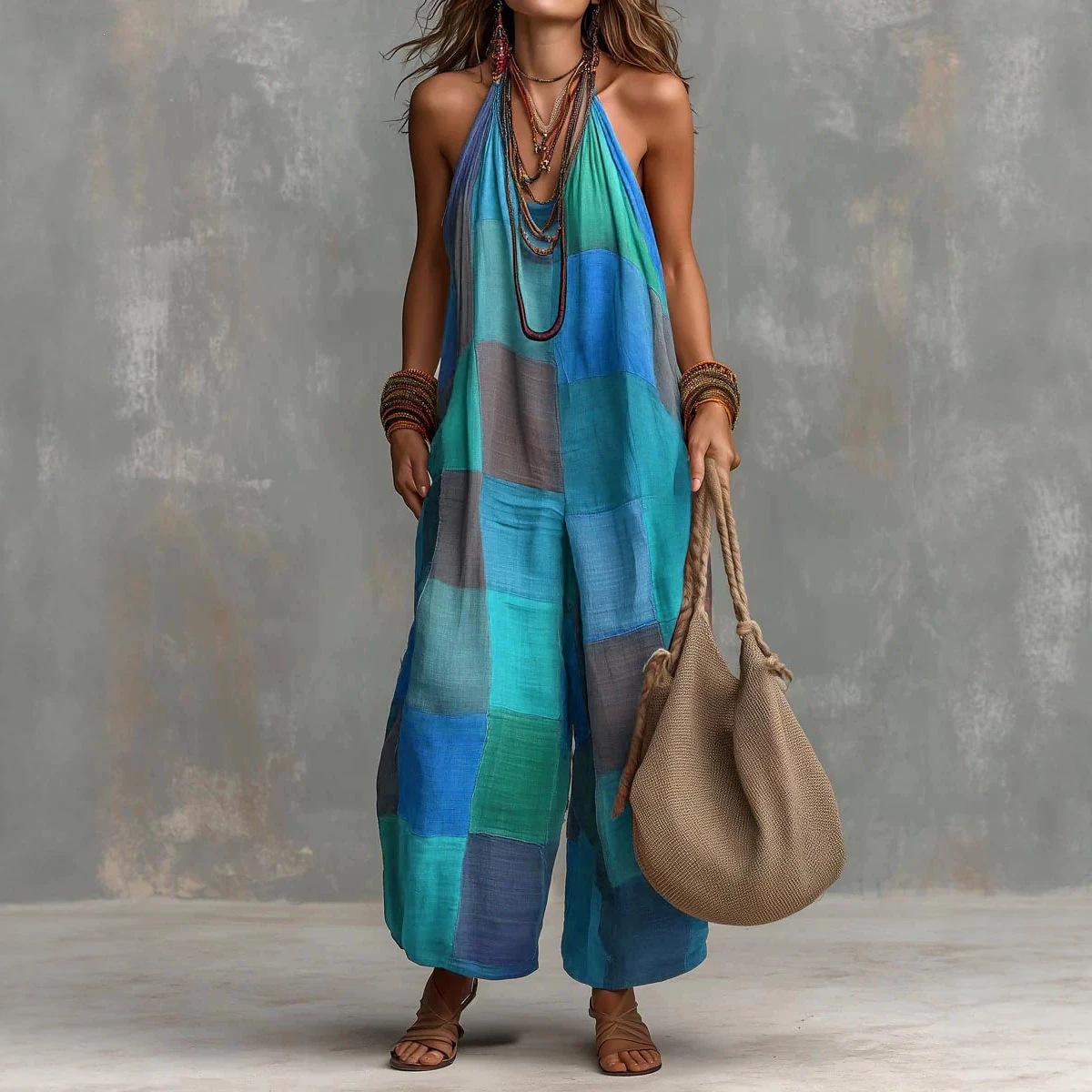 Women's Summer Plaid Print Sleeveless Wide-Leg Jumpsuit