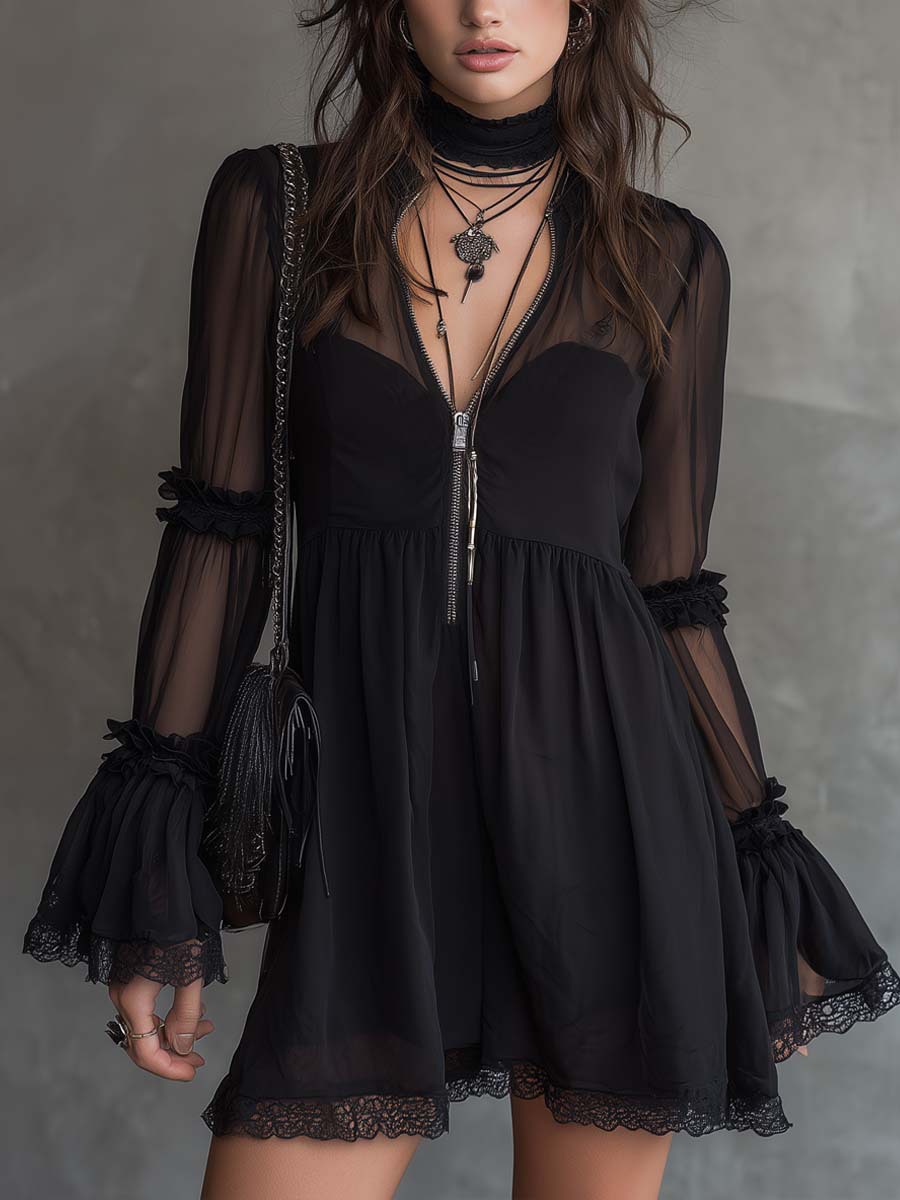 Black Lace Panel Long Sleeve Bodycon Mini Dress