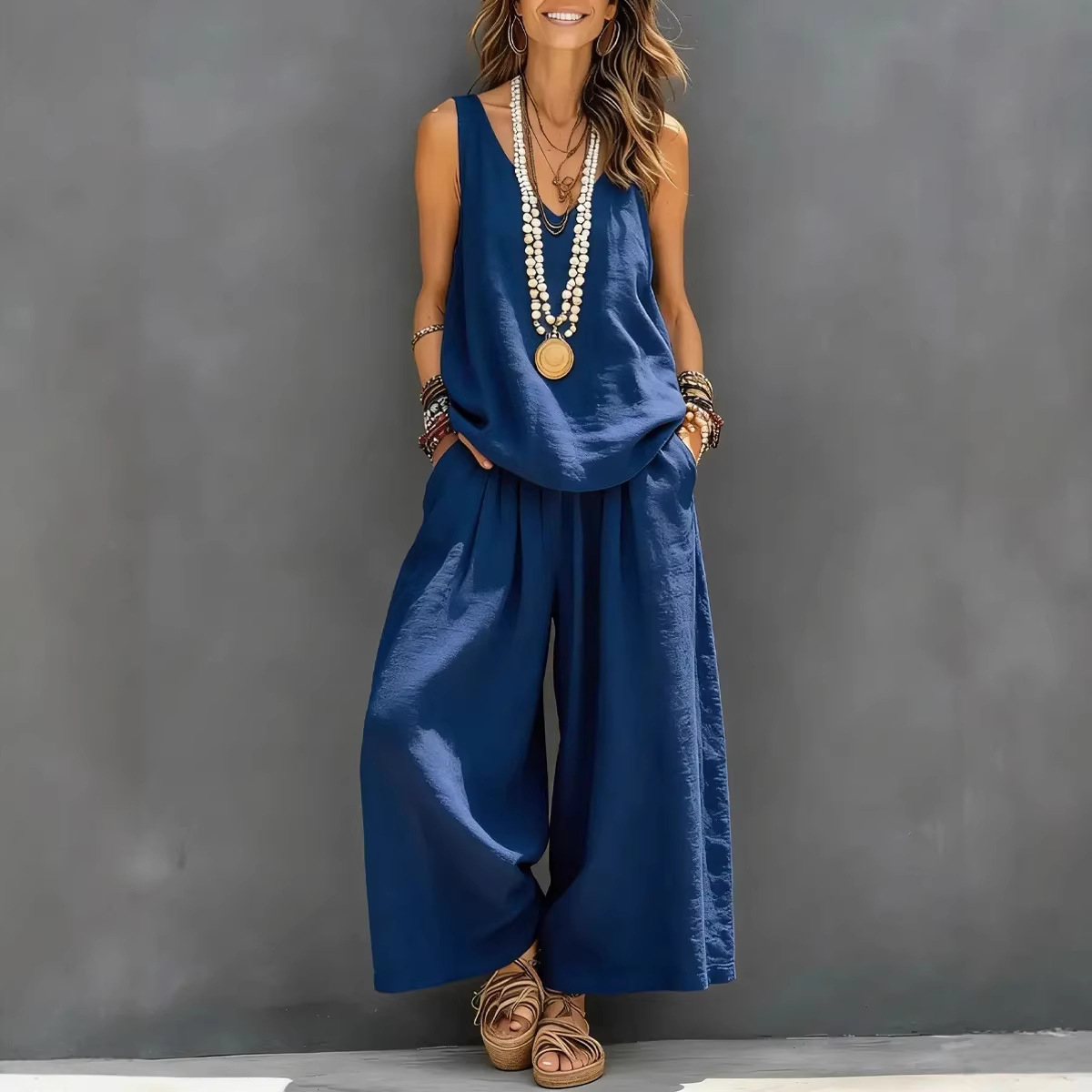 Women's Cotton-Linen V-Neck Tank Top and Pants Two-Piece Set