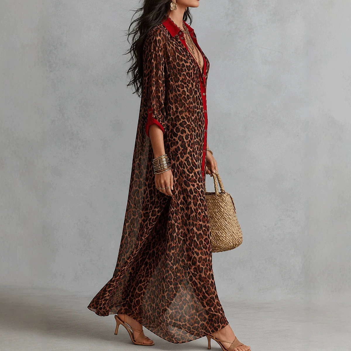 Retro Red-Trim Leopard Print Collared Long Shirt Dress