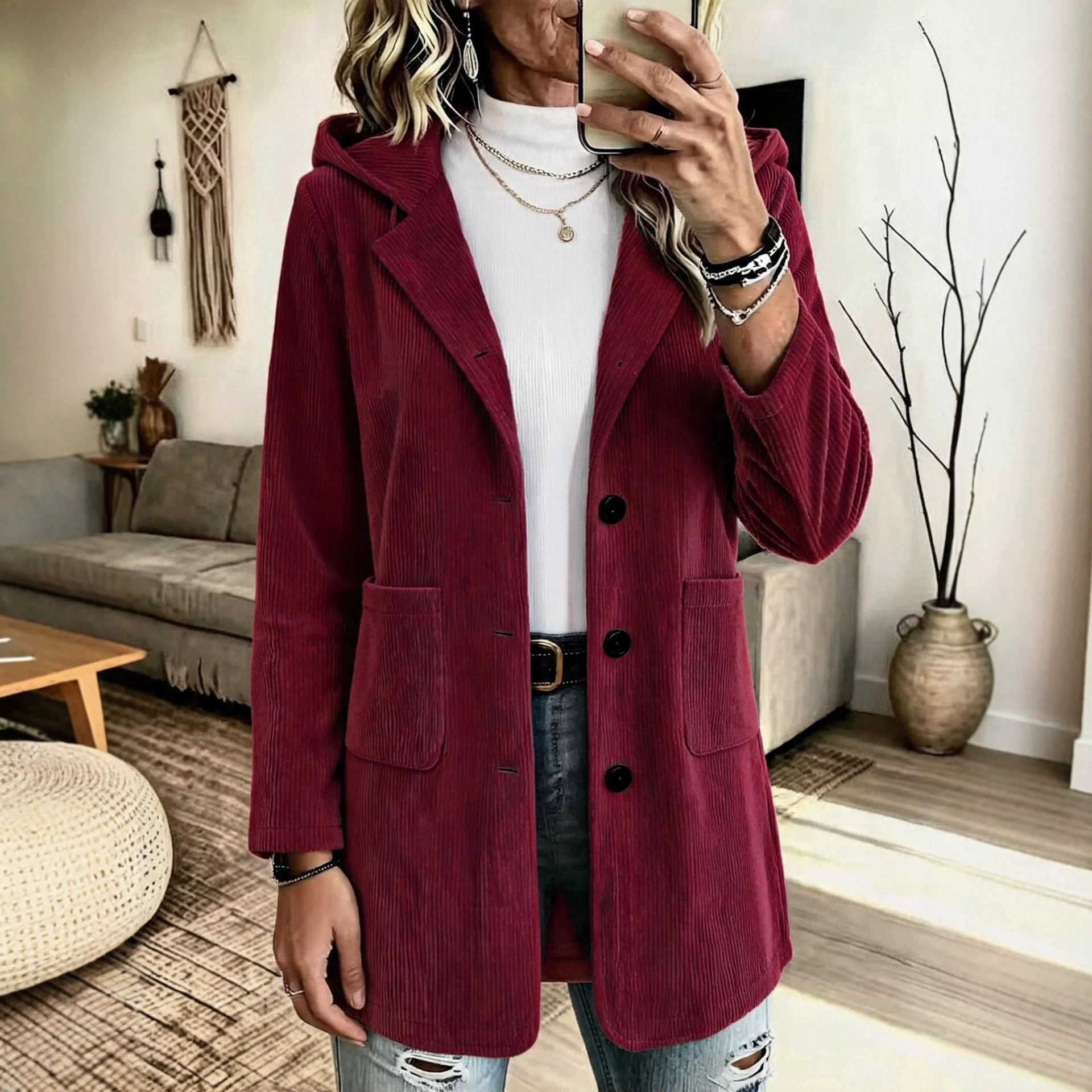 Women's Hooded Corduroy Mid-Length Loose Casual Jacket