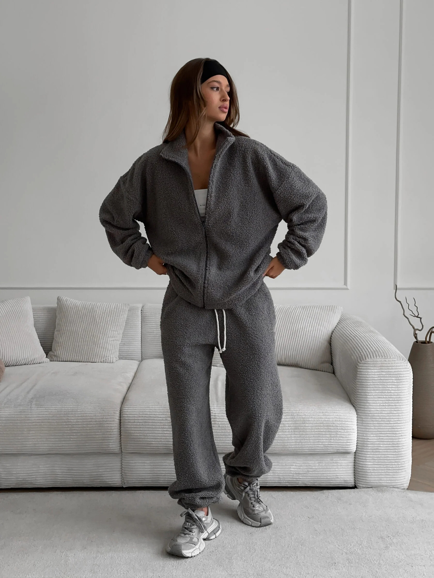 Women's Fleece Cardigan Sweatsuit Set Casual Streetwear