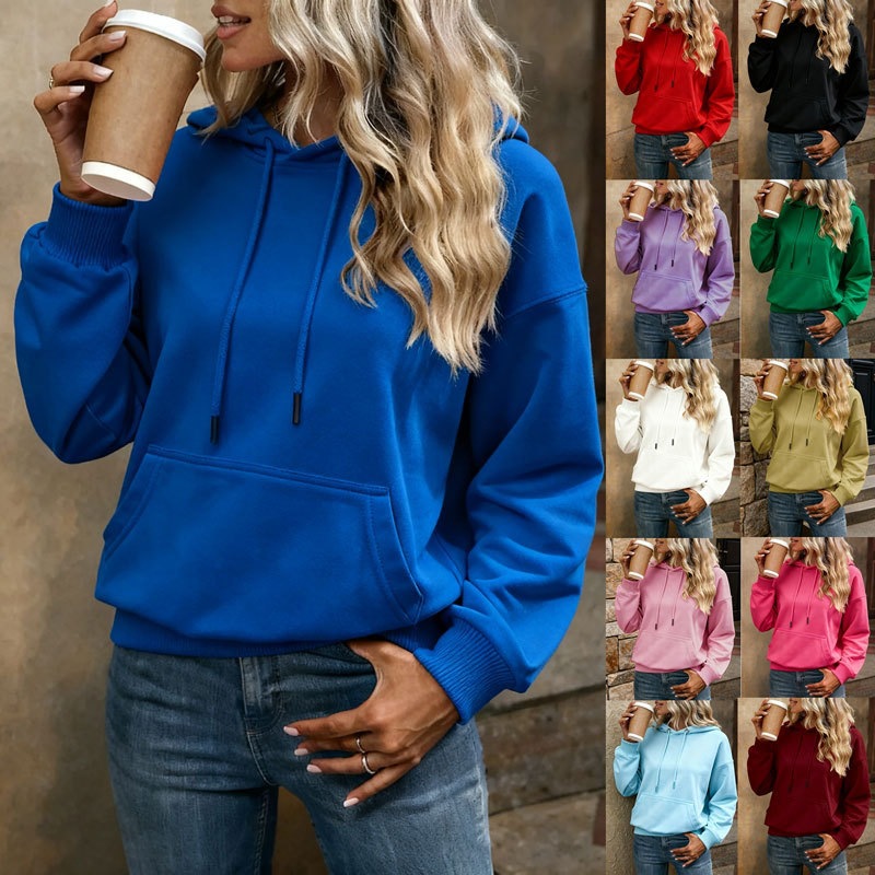 Women's Solid Color Loose Fit Hooded Long Sleeve Sweatshirt with Pocket
