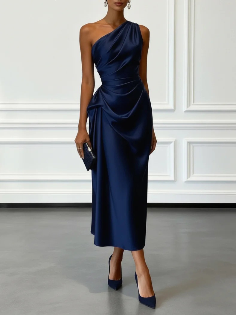 Satin Ruched Waist Sleeveless Evening Dress