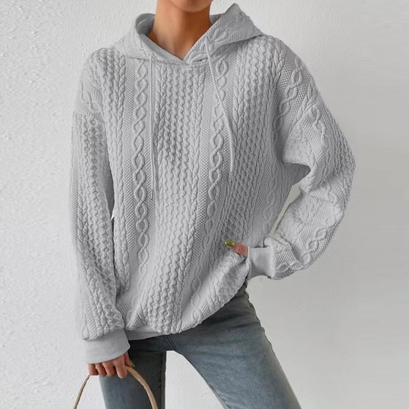Plus Size Jacquard Hooded Lace-Up Long Sleeve Knit Sweatshirt