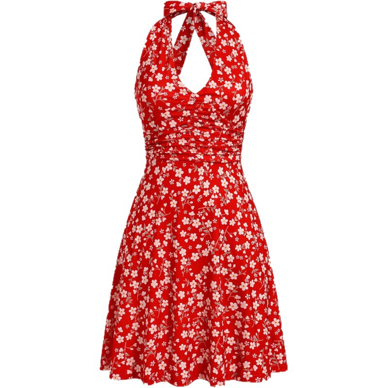 Women's Floral Halter V-Neck A-Line Short Dress