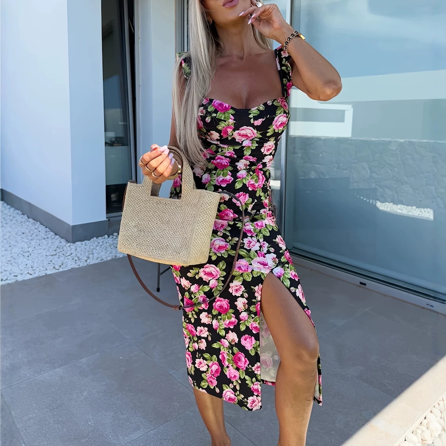 Elegant French Floral Slip Dress with Slit