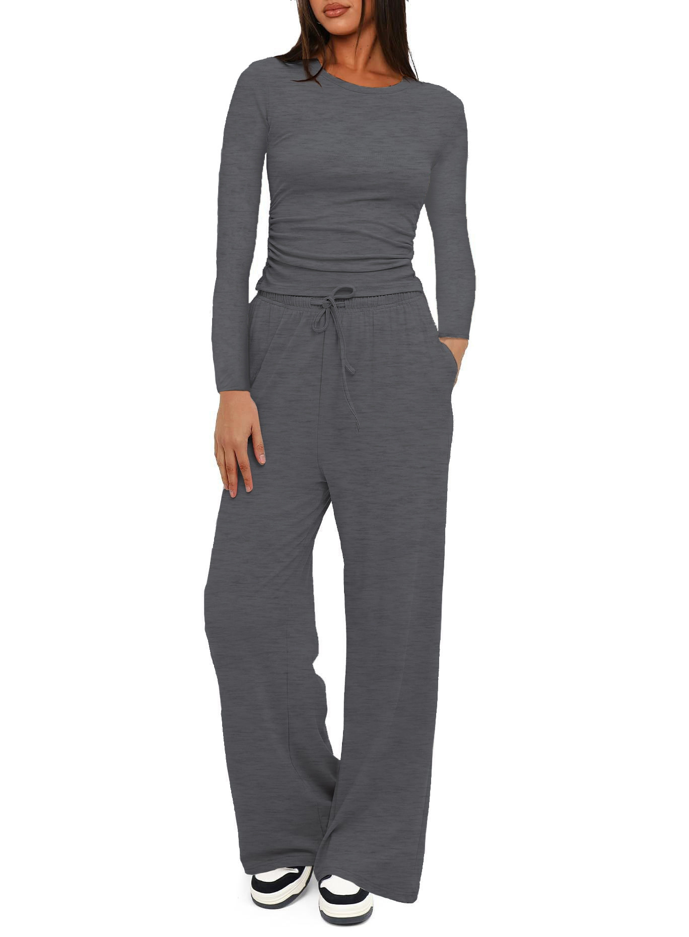 Solid Color Long Sleeve Top & High-Waist Wide-Leg Pants Set