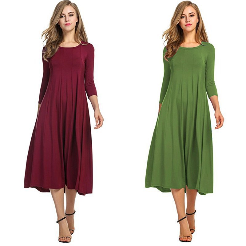 Women's Crew Neck Half-Sleeve Solid Color Flared Dress Custom Logo Workwear