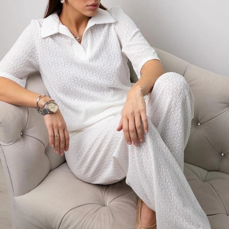 Women's Solid Color Lapel Short Sleeve Top and Wide Leg Pants Set