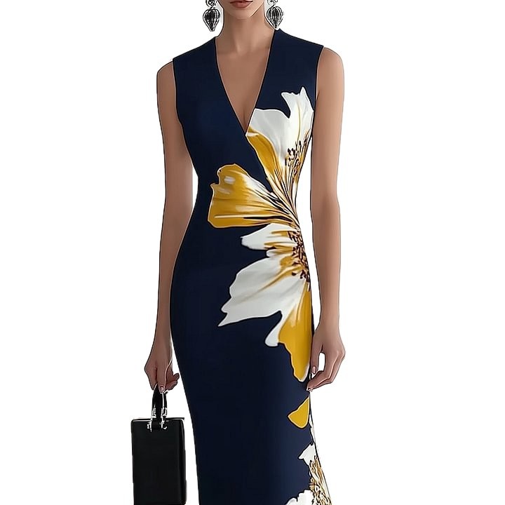 V-Neck Sleeveless Digital Print Maxi Dress