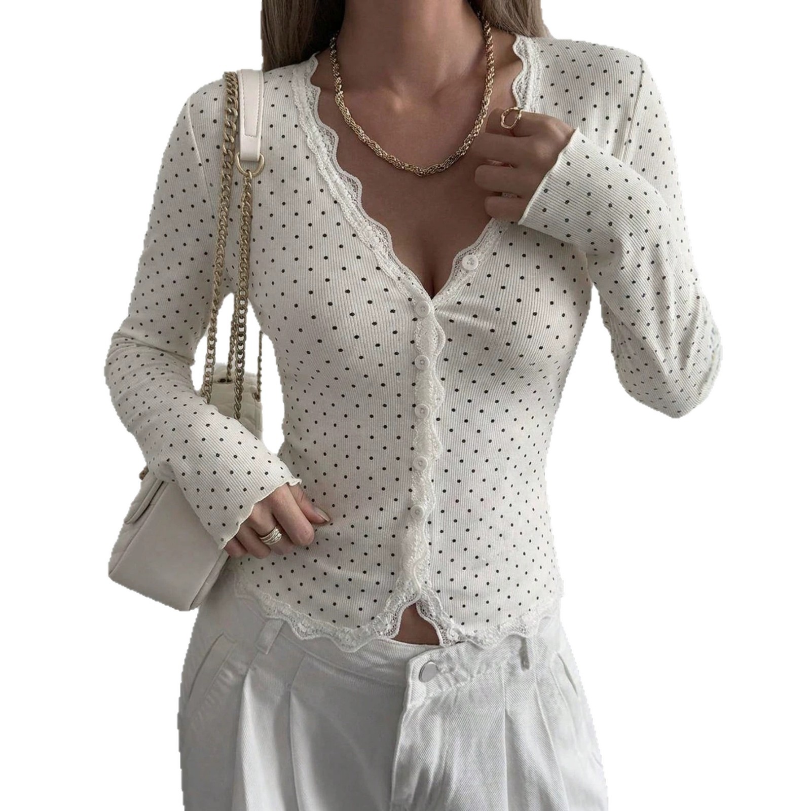 Lace Trim Long Sleeve V-Neck Slim Fit Top