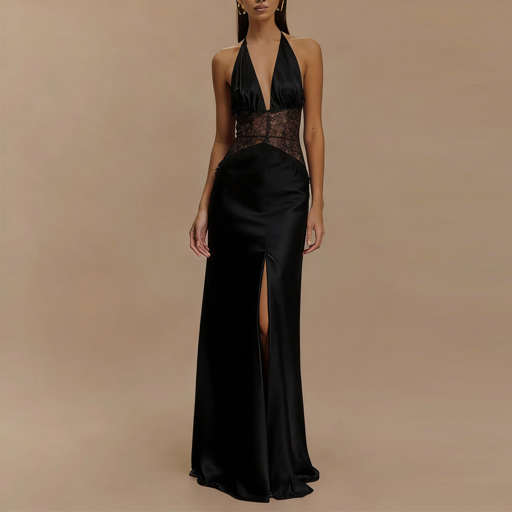 Women's Deep V Lace Sheer Backless Long Dress